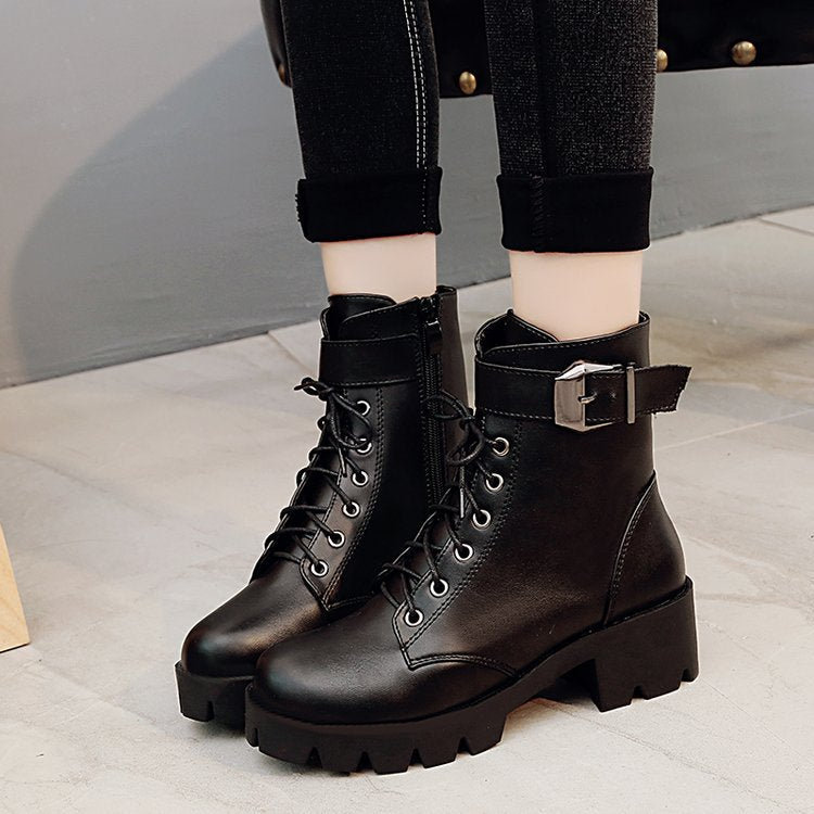 Women's Heel Lace-up Belt Buckle Waterproof Boots