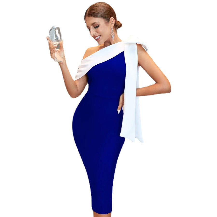 Ladies Party One-shoulder Bow-knot Stitching Dress