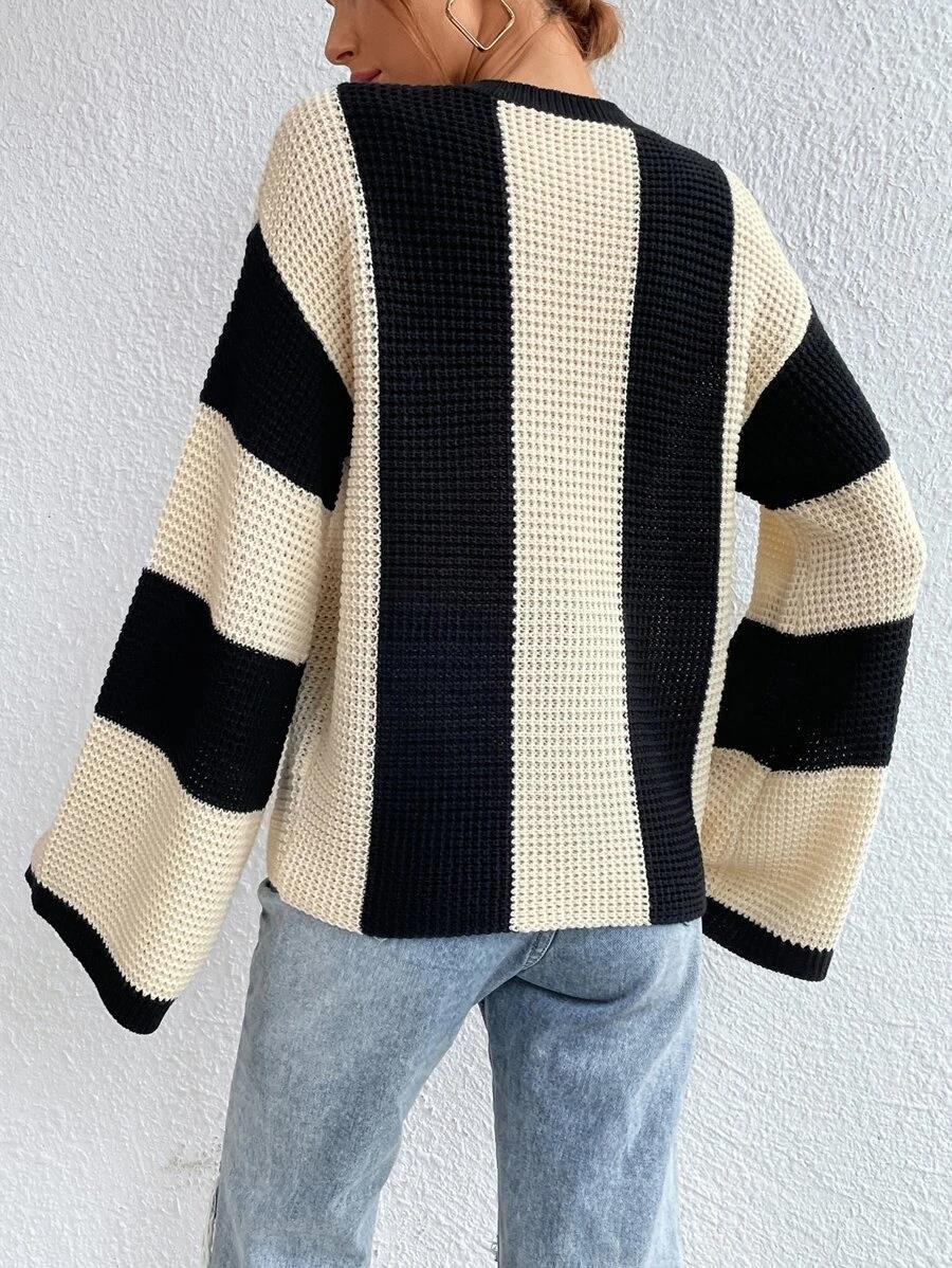 Women's Top Round Neck Striped Knitted Sweater