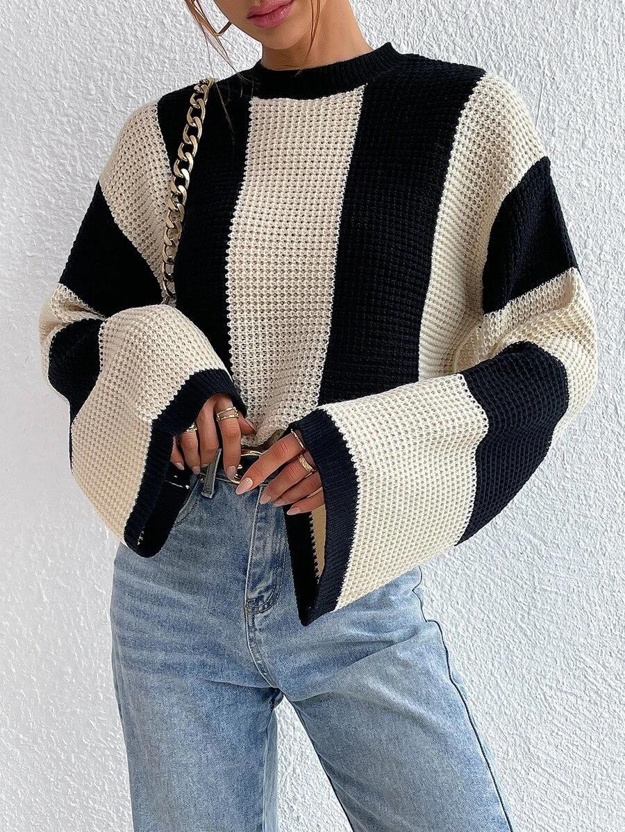 Women's Top Round Neck Striped Knitted Sweater