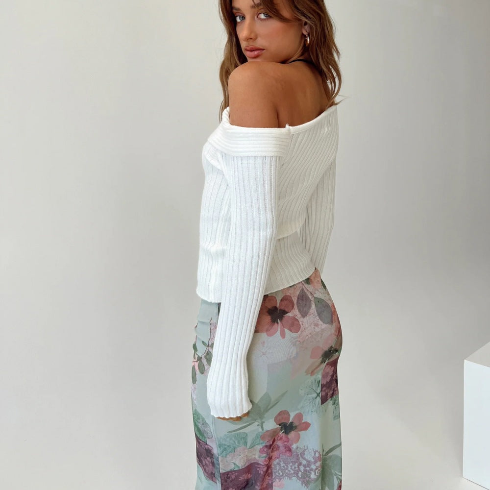 Women's Slim-fit Shoulder Long-sleeved Knitted Sweater
