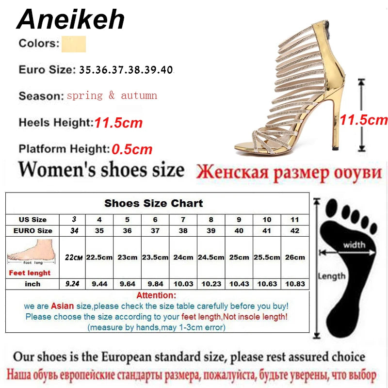 Aneikeh Bling Bling Gold Crystal Sandals Thin Strappy Gladiator Sandal Shoes Stiletto Heel Wedding Pumps Rhinestone Cage Sandal