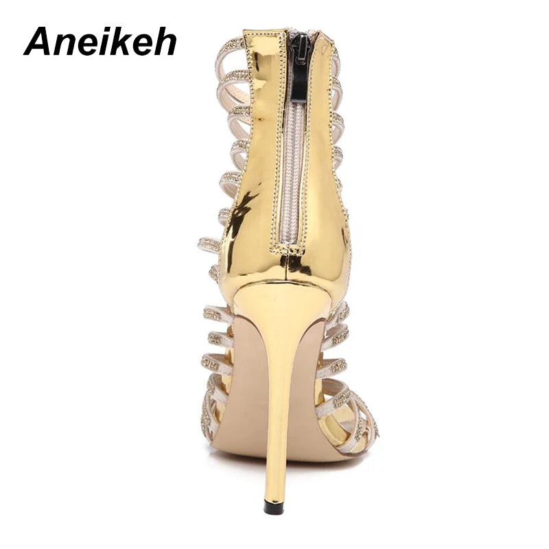Aneikeh Bling Bling Gold Crystal Sandals Thin Strappy Gladiator Sandal Shoes Stiletto Heel Wedding Pumps Rhinestone Cage Sandal
