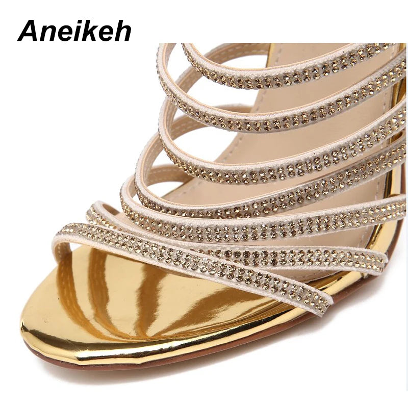 Aneikeh Bling Bling Gold Crystal Sandals Thin Strappy Gladiator Sandal Shoes Stiletto Heel Wedding Pumps Rhinestone Cage Sandal