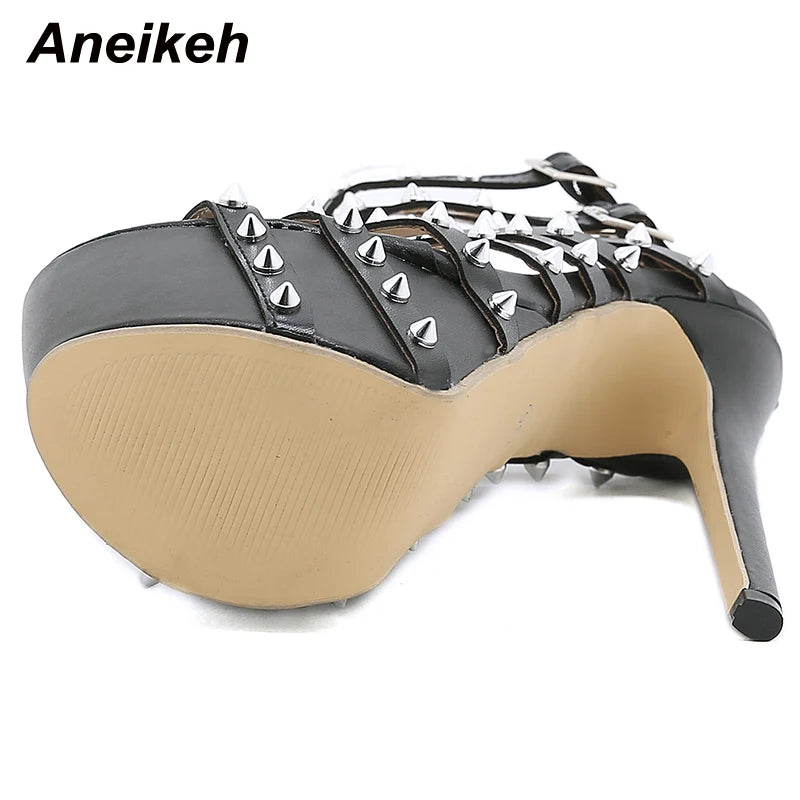 Aneikeh Gladiator Rivet Women High Sandals Summer Sexy Stripper 2024 17.5CM Thin Heels Shoes Platform Fashion Narrow Band Pumps