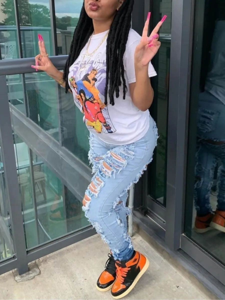 LW Streetwear Straight Pants Plus Size High Waist Ripped Jeans Ladies Jeans Y2K Summer Plus Size High Street Jean