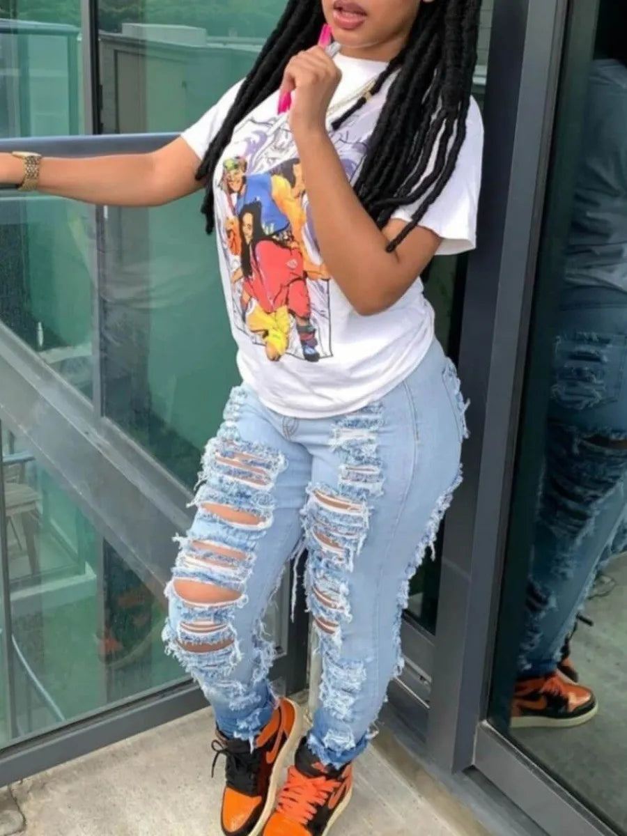 LW Streetwear Straight Pants Plus Size High Waist Ripped Jeans Ladies Jeans Y2K Summer Plus Size High Street Jean