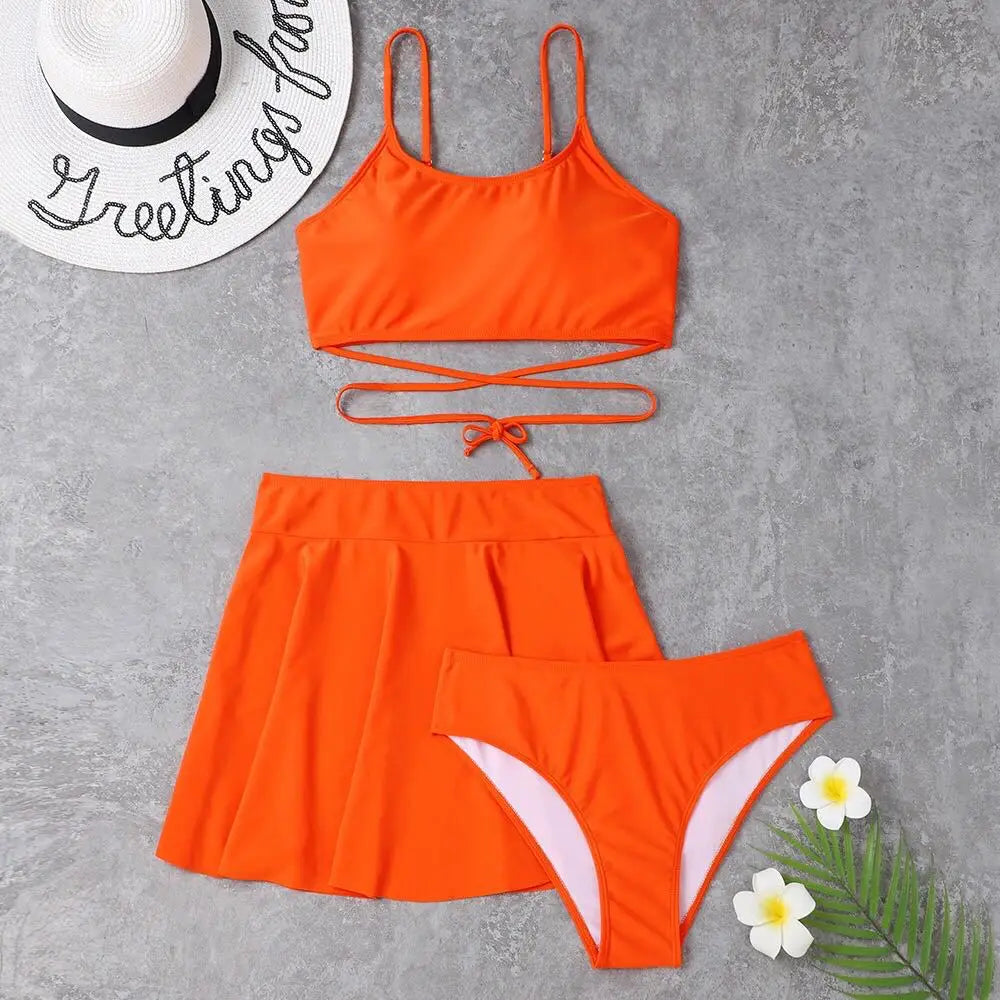 Cikini-Monochrome Swimsuit for Women, Oversized High Waist Skirt, Split Three-Piece Bikini, Swimwear, Bathing Suit, Summer