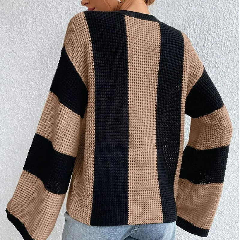 Women's Top Round Neck Striped Knitted Sweater