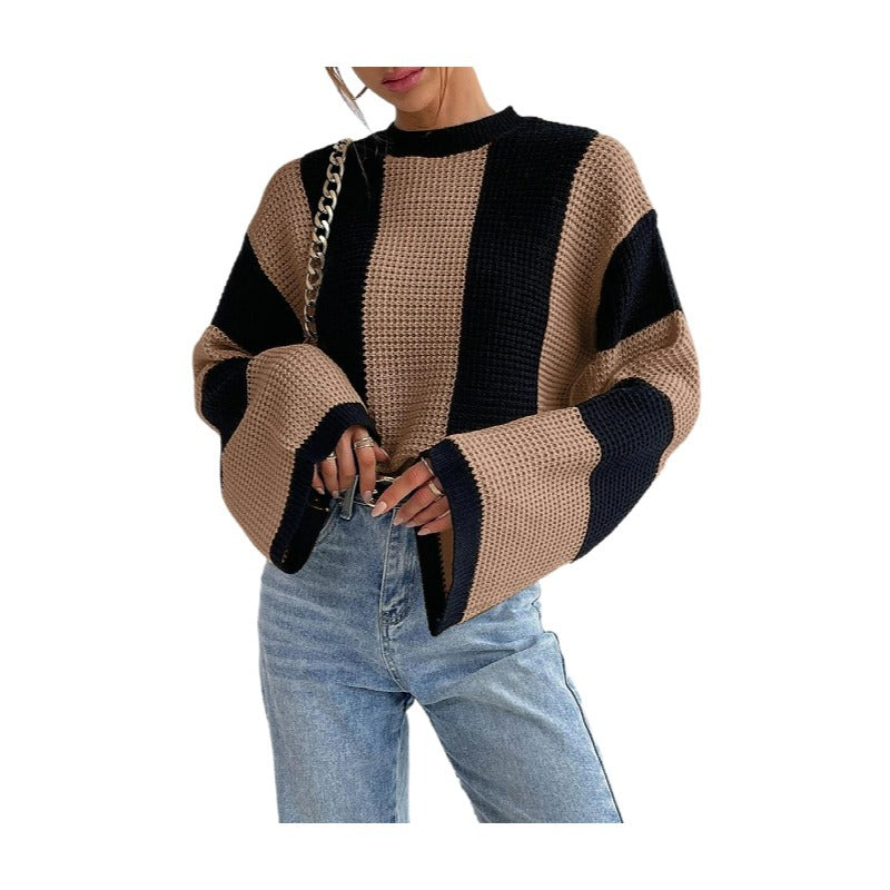 Women's Top Round Neck Striped Knitted Sweater