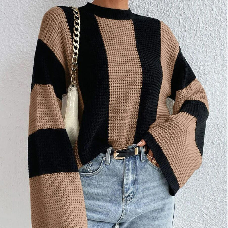 Women's Top Round Neck Striped Knitted Sweater