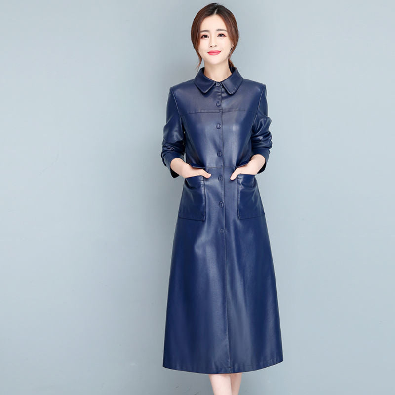 Ladies Fashion Thin Leather Trench Coat