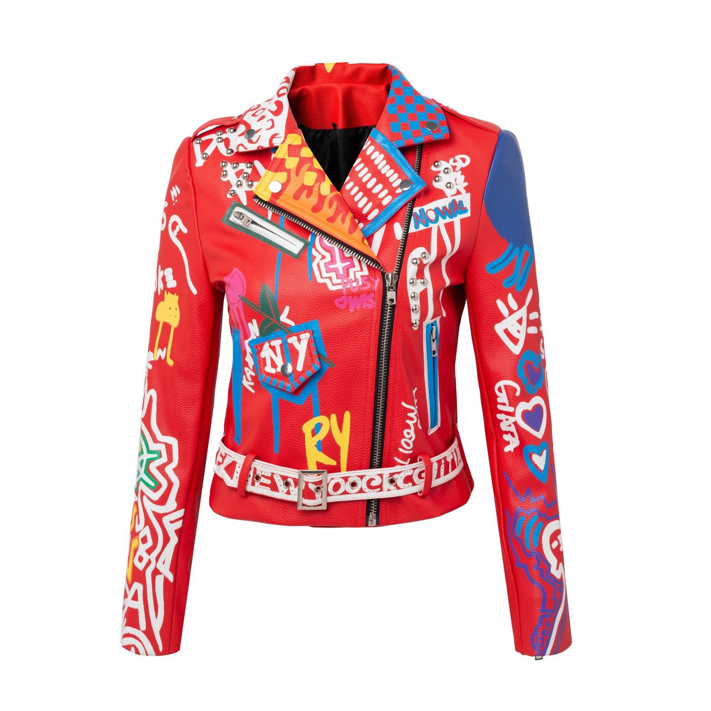 Lapel Slim Motorcycle Long Sleeve Graffiti Belt Red Leather Women