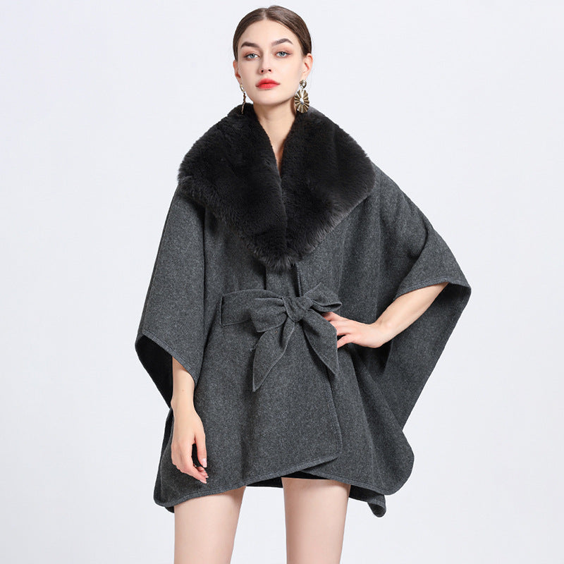 Rabbit Fur Collar Knit Shawl Cape