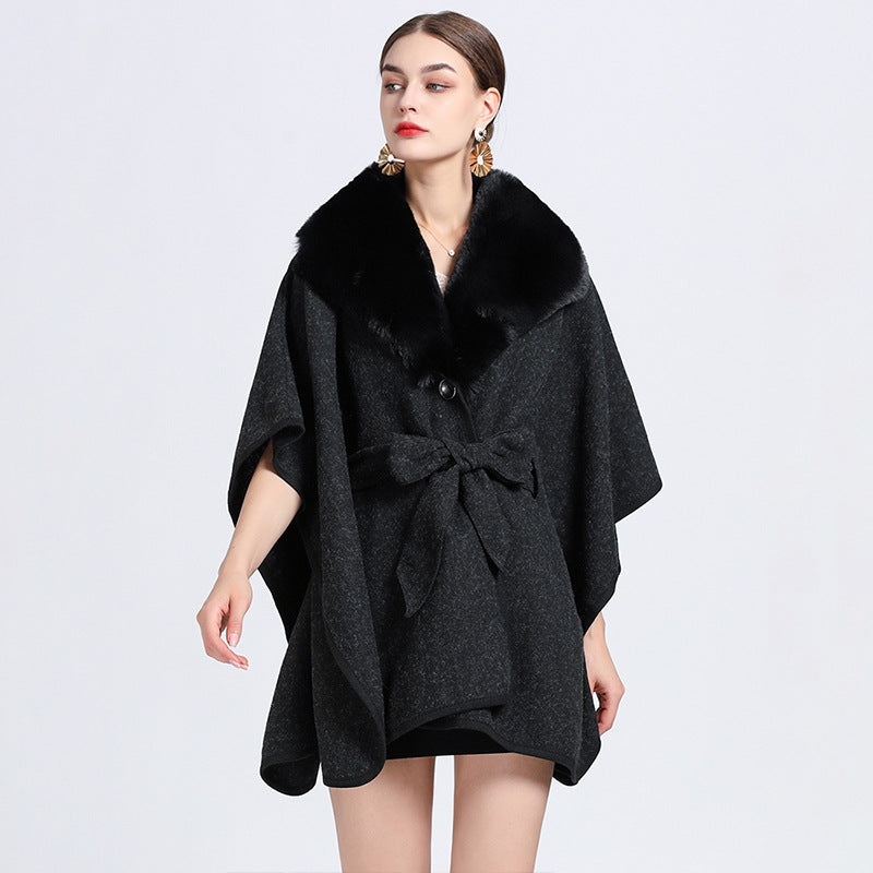 Rabbit Fur Collar Knit Shawl Cape