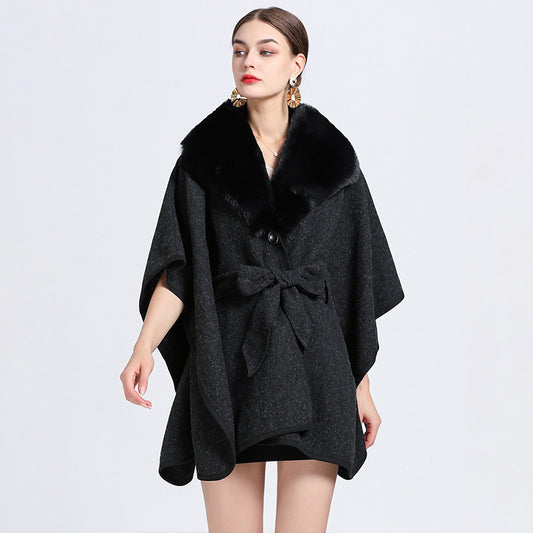 Rabbit Fur Collar Knit Shawl Cape