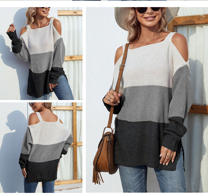 Schulterfreier, schulterfreier Sling-Pullover in Kontrastfarbe für Damen