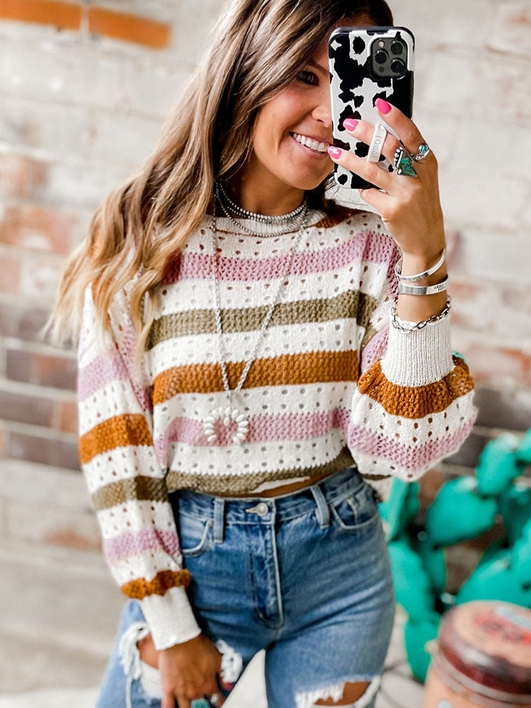 Women's Stitching Striped Round Neck Sweater