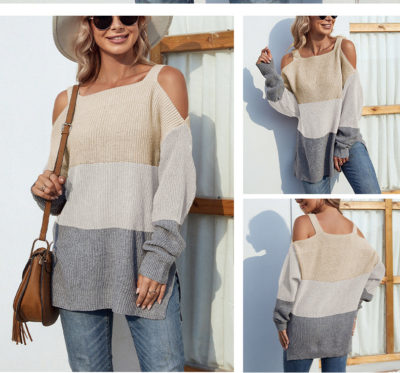 Schulterfreier, schulterfreier Sling-Pullover in Kontrastfarbe für Damen