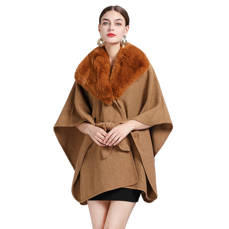 Rabbit Fur Collar Knit Shawl Cape