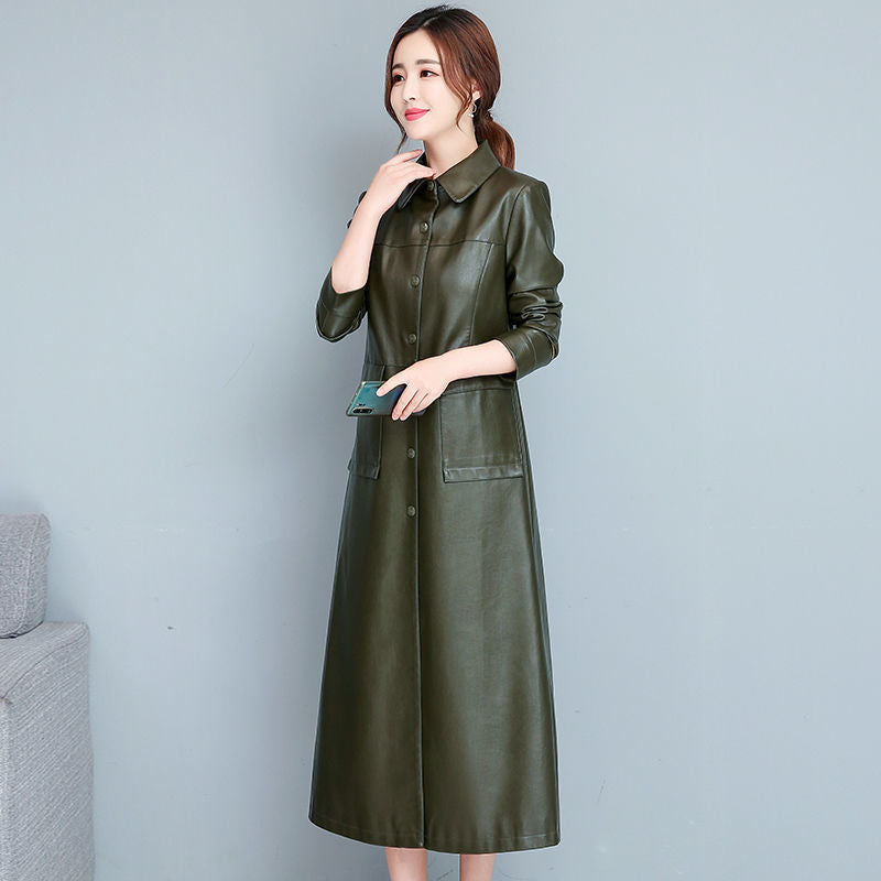 Ladies Fashion Thin Leather Trench Coat