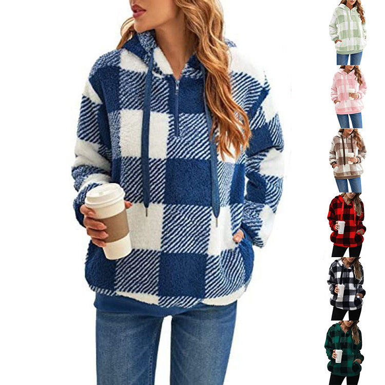 Fashion Plaid Hooded Sweatshirt With Pockets Casual Zipper Plush Tops For Womens Clothing