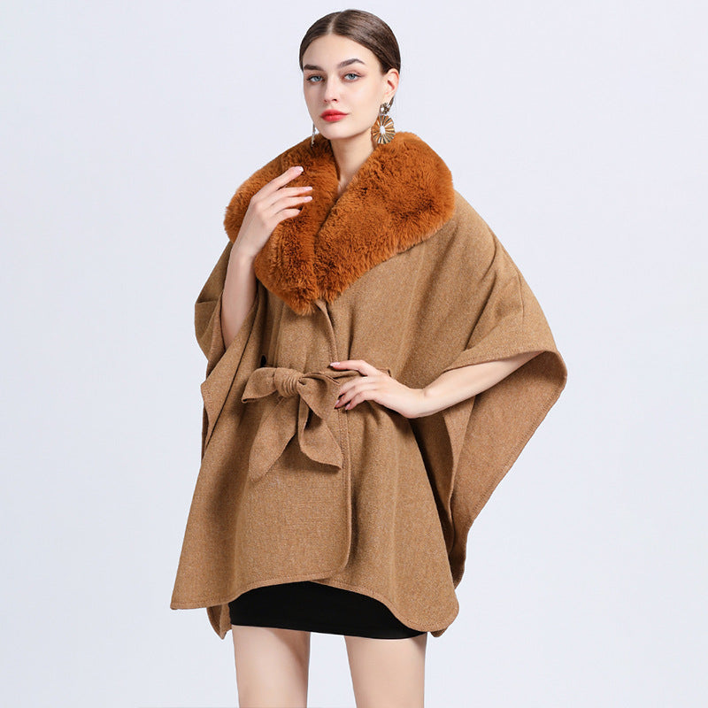 Rabbit Fur Collar Knit Shawl Cape