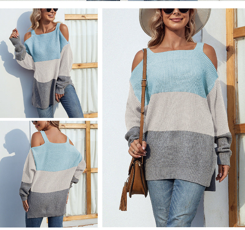 Schulterfreier, schulterfreier Sling-Pullover in Kontrastfarbe für Damen