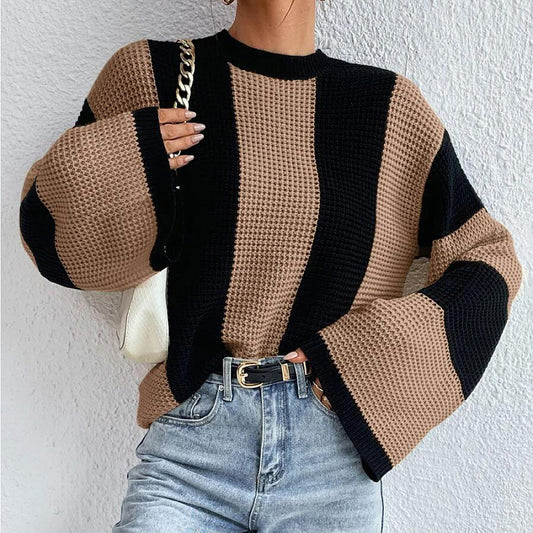 Women's Top Round Neck Striped Knitted Sweater