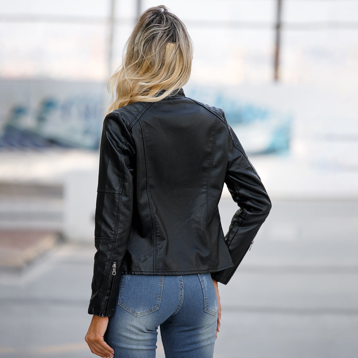 Women's Large Size Stand Collar Slim-fit Leather Jacket