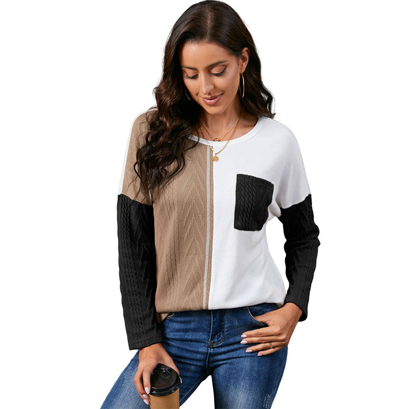 Damenmode-Pullover mit Rundhalsausschnitt und Farbkontrast
