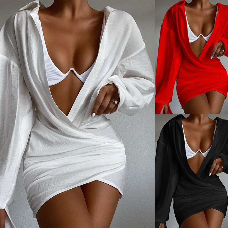 Women's Deep V-neck Solid Color Long Sleeve Narrow Dress