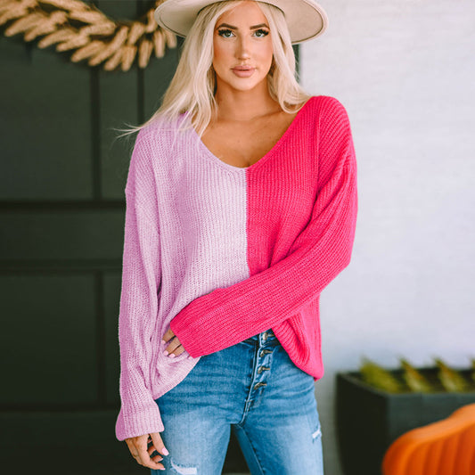 Women's Contrast Color V-neck Long-sleeved Pullover.