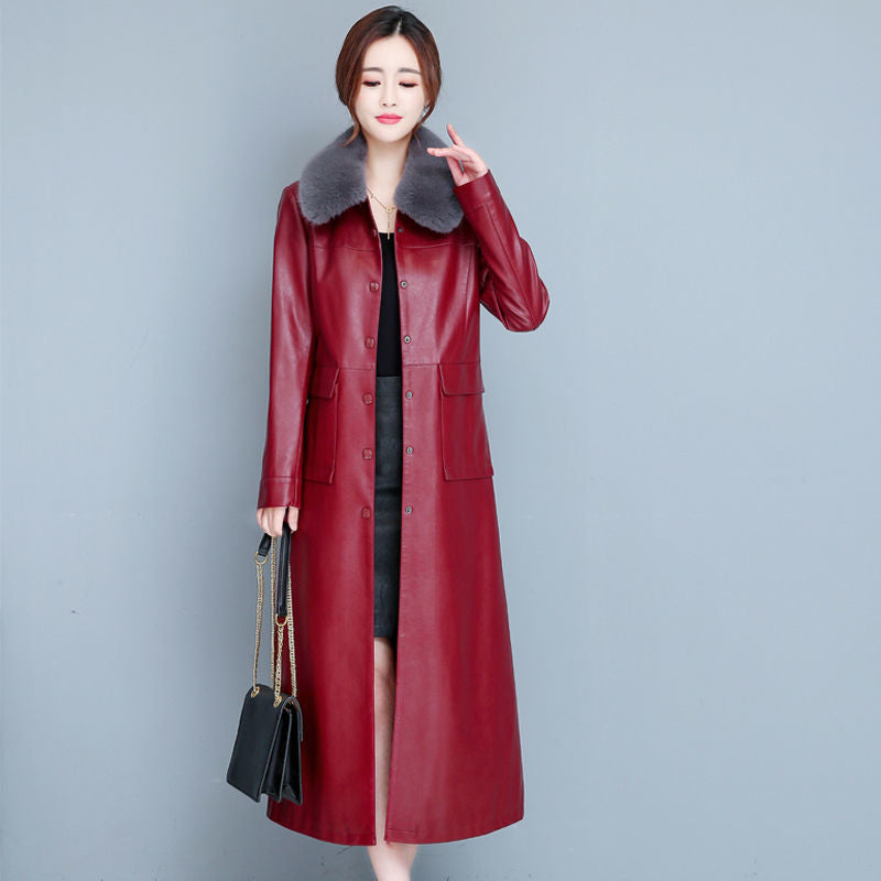 Ladies Fashion Thin Leather Trench Coat