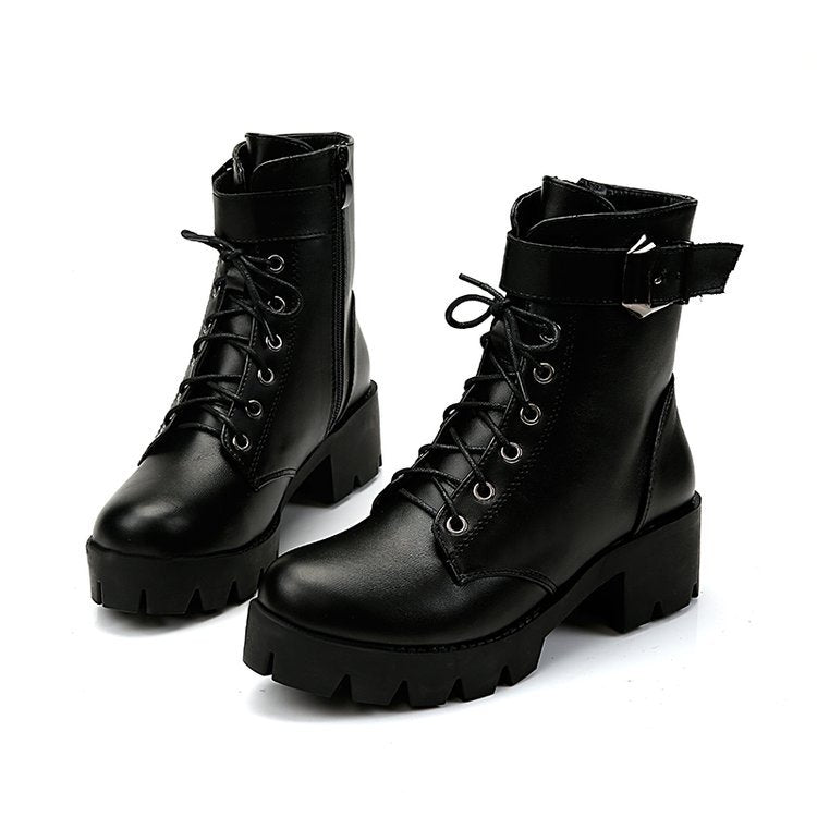 Women's Heel Lace-up Belt Buckle Waterproof Boots