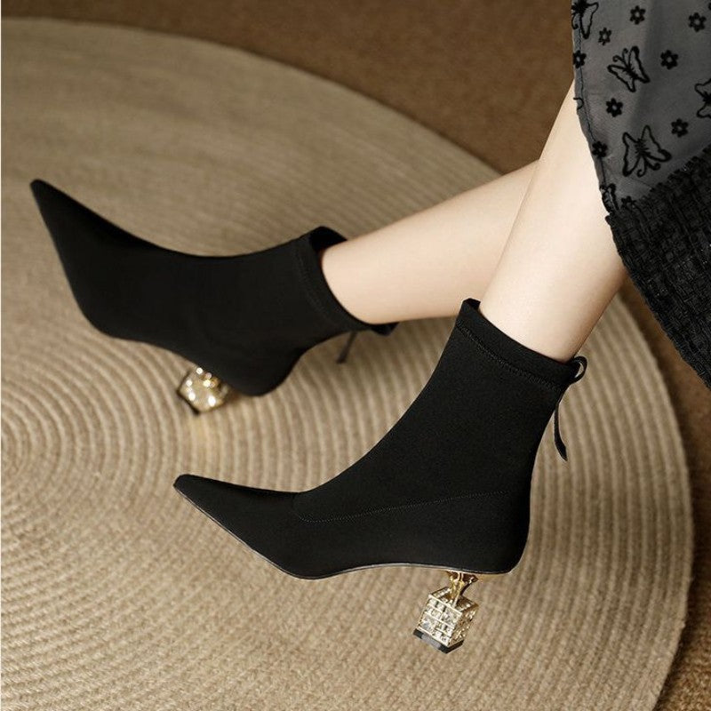 Women Pointed Toe Mid-calf High-heeled Skinny Boots