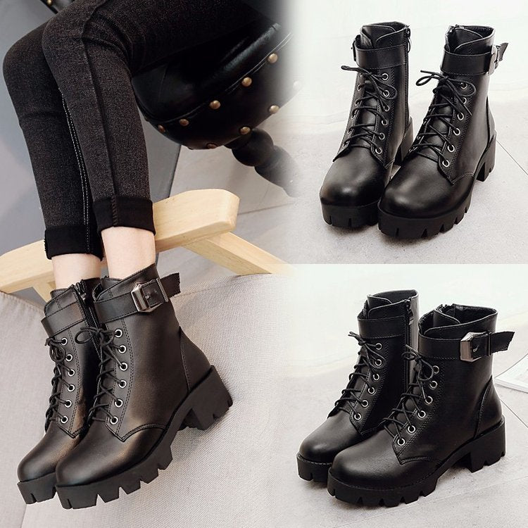 Women's Heel Lace-up Belt Buckle Waterproof Boots