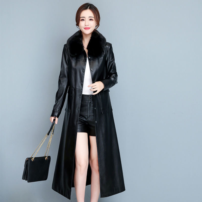 Ladies Fashion Thin Leather Trench Coat