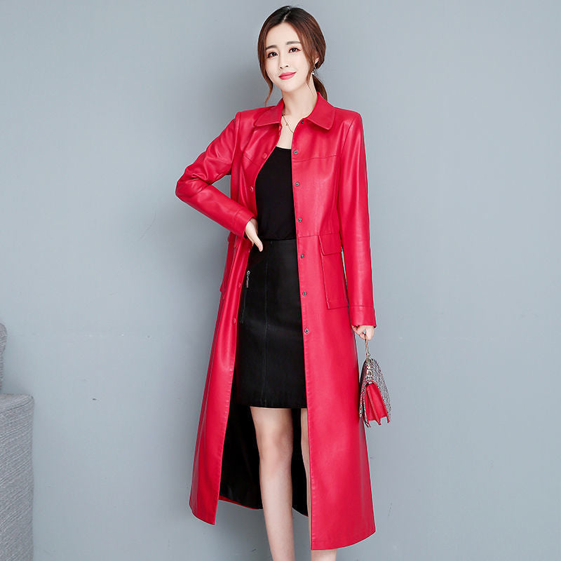 Ladies Fashion Thin Leather Trench Coat