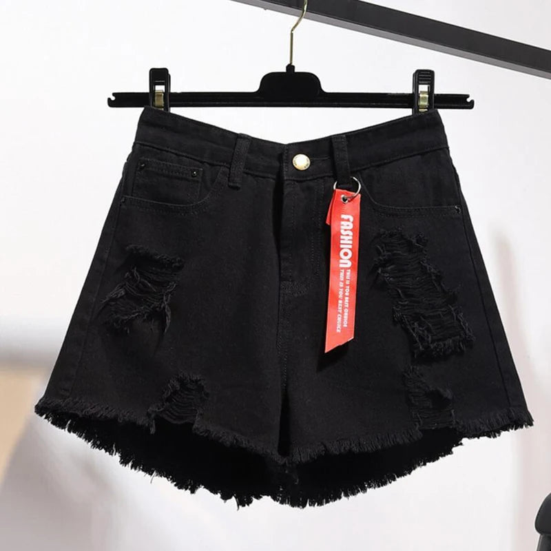 Zoki Large Size Ripped Denim Women Shorts Summer Tassel High Waist Black Distressed Jeans Korean Fashion Pure Cotton Street Wear