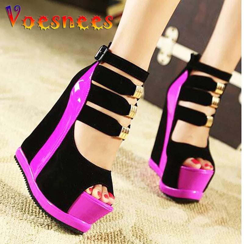 2021 Summer New Genuine Women Platform Sandals Wedges High heel 14cm Peep Toe Mixed Colors Sweet Woman Shoes Sexy Ladies Shoes