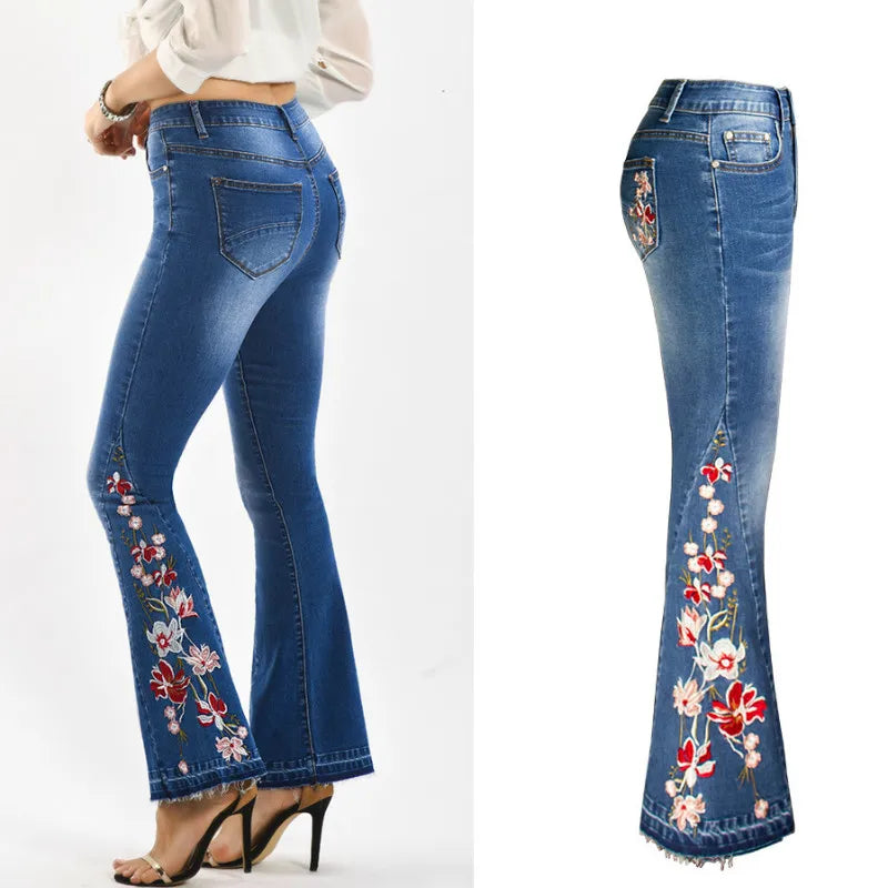 LOGAMI Embroidery Jeans Woman Skinny Flare Pants Denim Ladies Casual Jeans