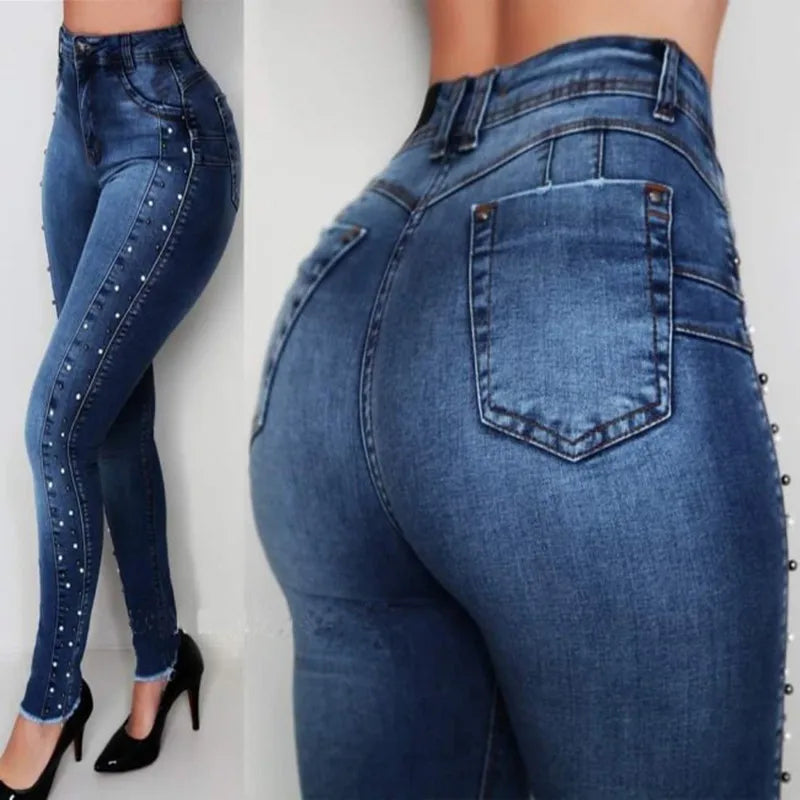 2021 New Women Dark Blue High Waist Beaded Jeans High Stretch Denim Pencil Pants Street Fashion Casual Push Up Hip Jeans S-2XL