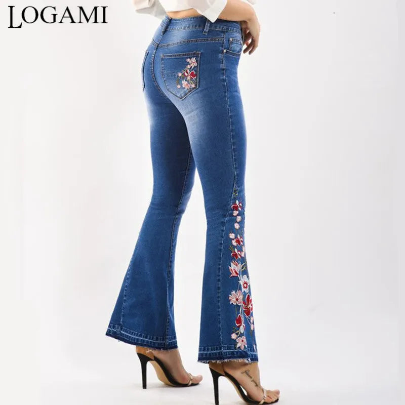 LOGAMI Embroidery Jeans Woman Skinny Flare Pants Denim Ladies Casual Jeans