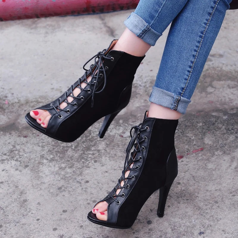 Black Summer High Heels Ankle Boots For Women 2024 Spring Peep Toe Lace Up Pumps Party Jazz Dance Shoes Suede Ladies Large Size