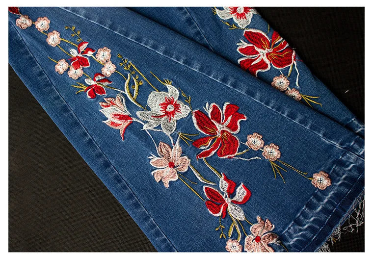 LOGAMI Embroidery Jeans Woman Skinny Flare Pants Denim Ladies Casual Jeans