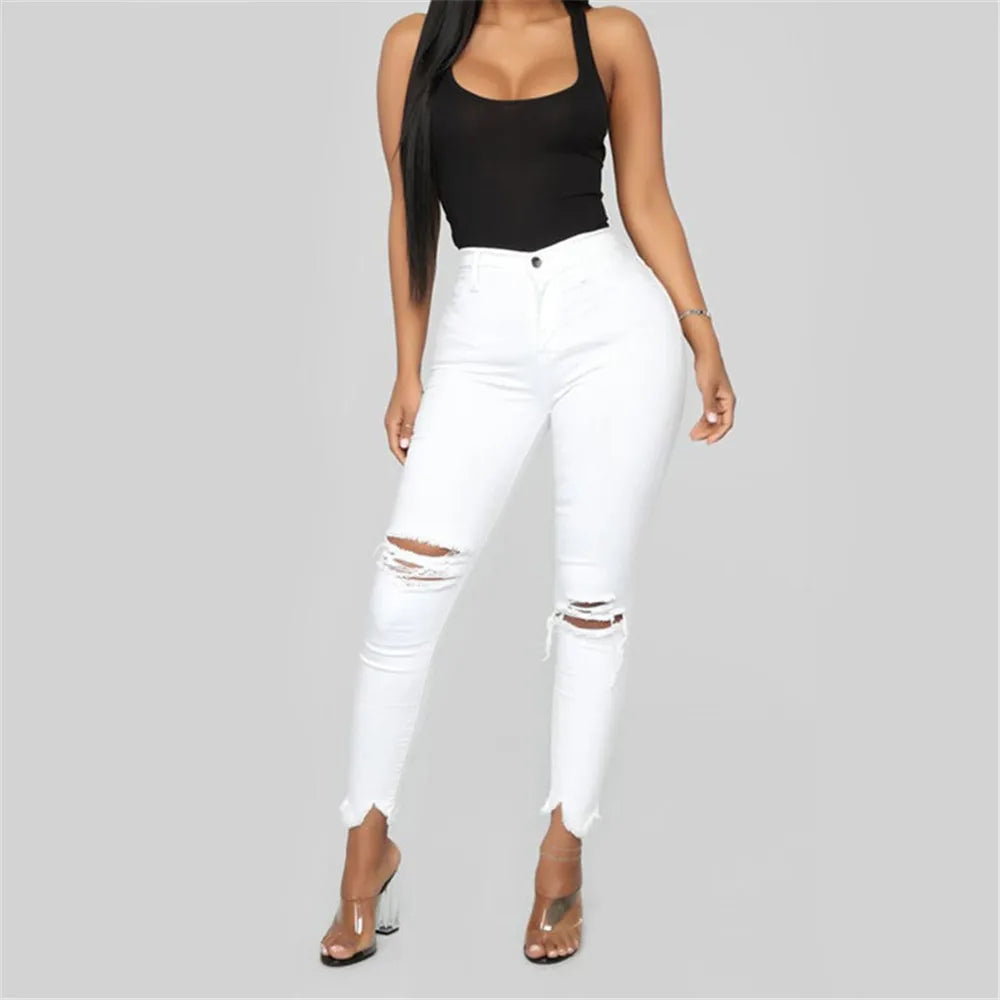 Black and White Ripped Jeans For women Slim denim Jeans Casual Skinny pencil pants Fashion Women's clothing S-3XL Drop Shipping