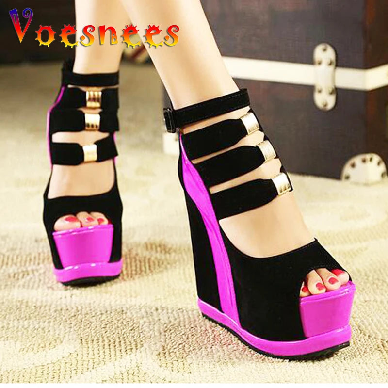 2021 Summer New Genuine Women Platform Sandals Wedges High heel 14cm Peep Toe Mixed Colors Sweet Woman Shoes Sexy Ladies Shoes