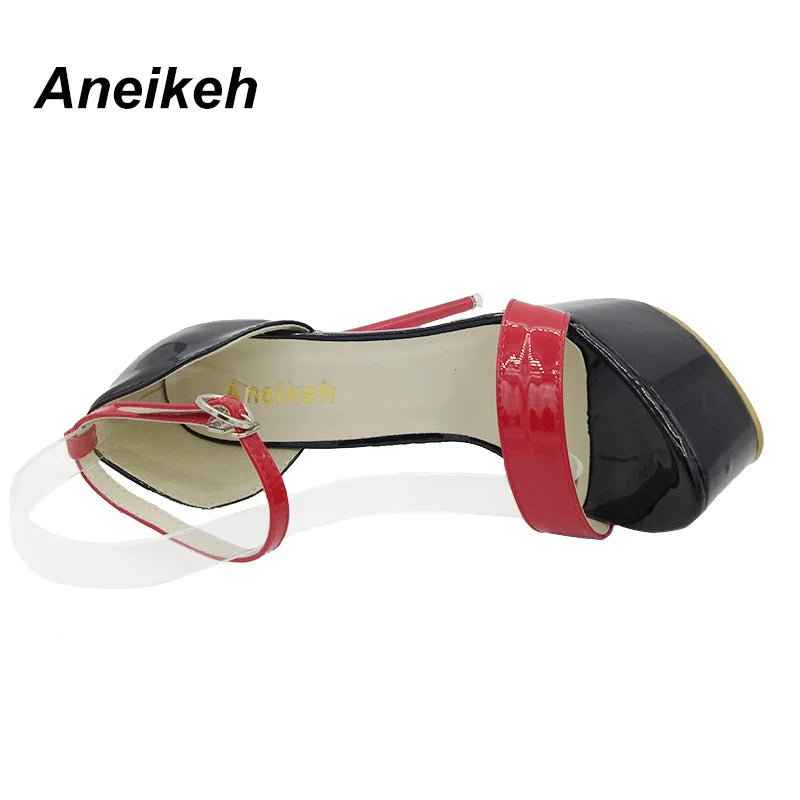 Aneikeh 2024 Fashion PU Platform Super High Heels Women's Open Toe Cover Heel Buckle Strap Thin Heels Sandals Party Pole Dance