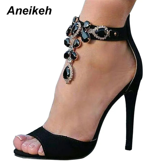 Aneikeh Black Crystal Women Embellished Suede Leather High Heel Sandals Sexy Peep Toe Ankle Strap Rhinestones Gladiator Shoes